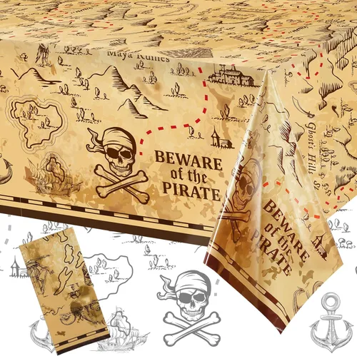 Irenare Mantel de pirata para decoración de fiesta, 54 x 108 pulgadas, mantel de mapa del tesoro pirata, fundas de plástico para mesa de tesoros,