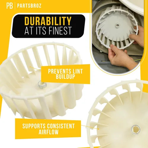 Miniatura 4 de PartsBroz Y303836 Rueda sopladora de secadora con abrazadera para Whirlpool Maytag Part AP4294048 PS2200270 303836 312913 3-12913 1245880 312913