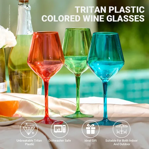 Miniatura 5 de MICHLEY Juego de 6 copas de vino de colores de tallo largo, color rojo y blanco, cristalería de plástico de tritán, regalo de 15 onzas para fiestas