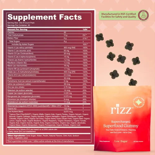 Miniatura 6 de Rizz Gomitas Verdes Bajas en Azúcar - Más de 60 Superalimentos 6g de Fibra - Gomitas Prebióticas y Probióticas - Multivitaminas Veganas para Mujeres