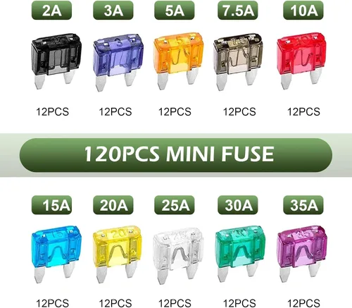 Miniatura 3 de Juego de 120 fusibles para automóvil, kit de fusibles mini para automoción, para auto, sedán, RV, motocicleta (2A/3A/5A/7.5A/10A/15A/20A/25A/30A/35A)