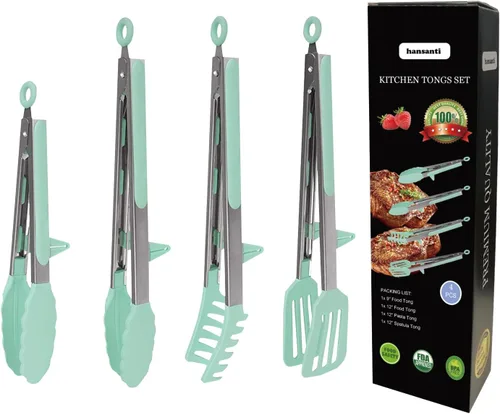 Juego de 4 pinzas de cocina de silicona, antiadherentes de acero inoxidable con puntas de silicona sin BPA para servir pasta, espagueti, bistec,