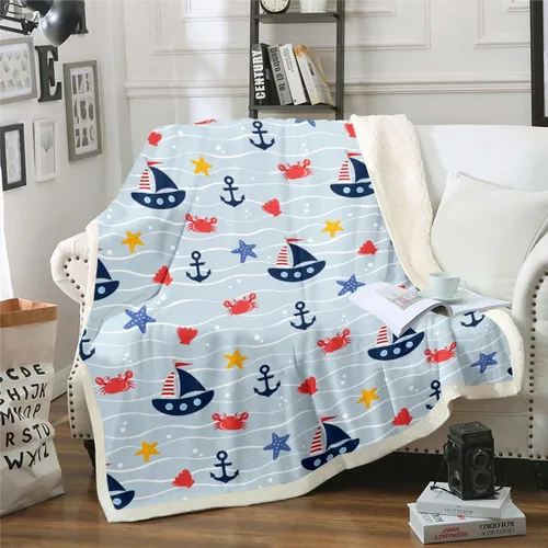 Miniatura 34 de Manta de olas oceánicas para cama, silla, retro, brújula, velero, manta náutica para decoración de dormitorio de niños, manta de vellón marino