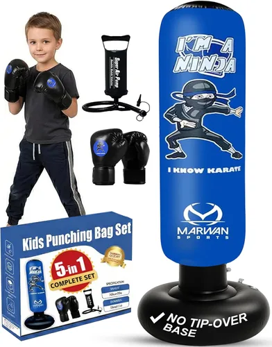Miniatura 12 de Marwan Sports Ninja Inflatable Punching Bag for Kids 4-12, Indoor Active Play for Sensory Seekers & High-Energy Kids, 63" 5-in-1: Gloves, Manual