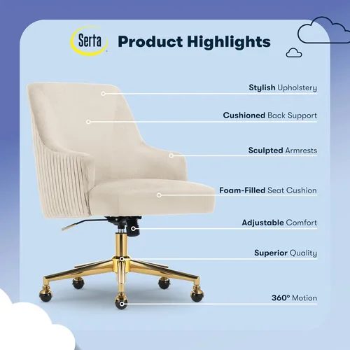 Miniatura 3 de Silla de oficina moderna Serta Scarlett, silla de escritorio de respaldo medio plisado y curvo, cojín de asiento de bolsillo de resorte en espiral