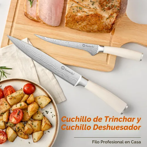 Miniatura 4 de Sunnecko Juego de cuchillos con bloque y afilador, juego de bloque de cuchillos de cocina de 15 piezas, cuchillos de cocina afilados, acero Blanco