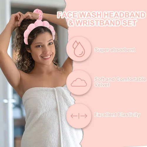 Miniatura 3 de CAVETEE Diadema de maquillaje para mujer, cuidado de la piel rosa para lavar la cara, lindo spa hinchado con banda elástica y esponjas faciales