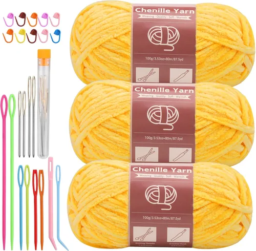 Miniatura 45 de LUNARM Hilado de chenilla para tejer y hacer ganchillo, 3 madejas de 240 metros de hilo grueso, suave y voluminoso, para tejer mantas, ropa y Beige
