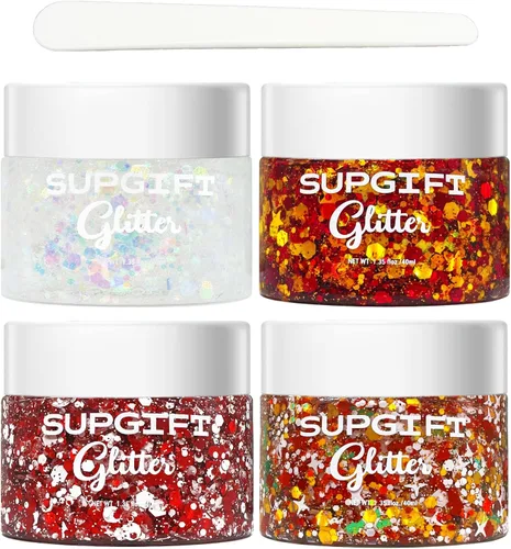 Gel con purpurina para el cuerpo navideño, 4 colores, 8.5 onzas, holográfico, grueso, sirena, iridiscente, láser, estrella, flor y hojas,