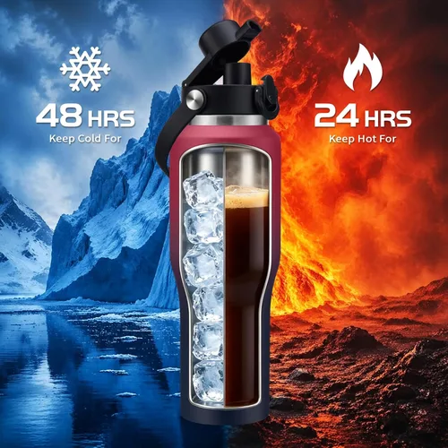 Miniatura 3 de Botella de agua de acero inoxidable de 32 onzas, frío-48 horas y caliente-24 horas, termo con popote y tapas de boquilla, bolsa, botella aislada al