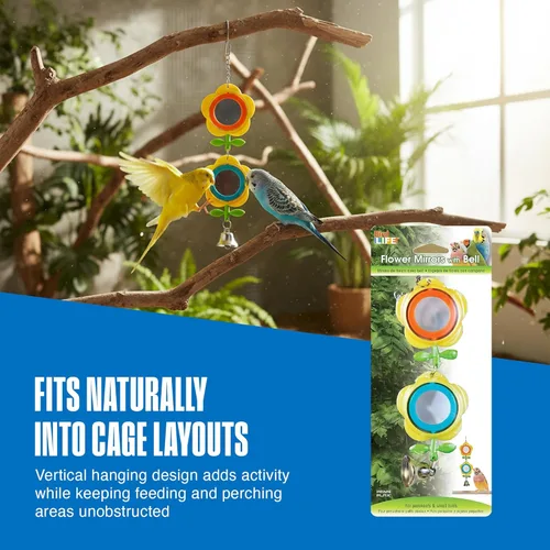 Miniatura 6 de Penn-Plax Bird Life Espejo de dos flores con campana, juguete interactivo para pájaros con espejos florales giratorios y campana colgante, accesorio