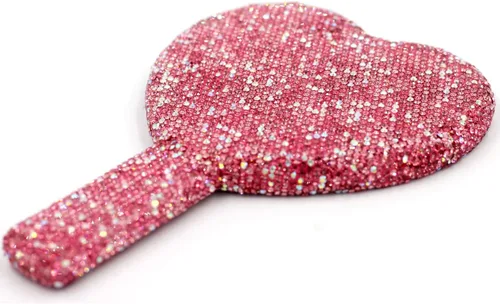 Miniatura 3 de Espejo de mano con forma de corazón con diamantes de imitación, espejo de maquillaje portátil y deslumbrante para retoques sobre la marcha