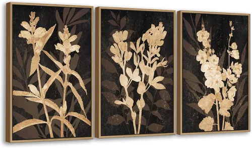 Miniatura 8 de Arte de Pared Enmarcado Rústico Grande - Cuadros de Lienzo Negro con Ramas de Flores Marrones con Marco Flotante Natural, Decoración Retro de Hojas