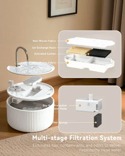 Miniatura 6 de Fuente de agua de cerámica para gatos, fuentes para gatos de 2.2 L/74 onzas para beber en interiores, fuente de agua para mascotas con bomba ultra