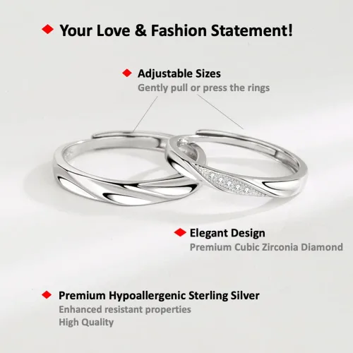 Miniatura 2 de Nuevo Juego de anillos de plata de ley para parejas anillos ajustables a juego anillos de relación de boda con texto en inglés I Love You Metal
