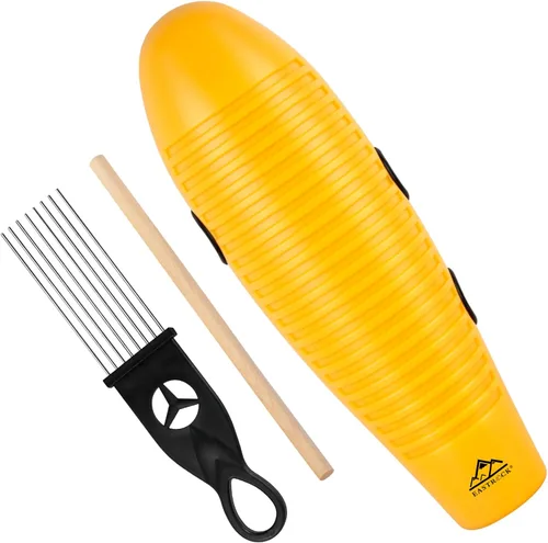 EASTROCK Instrumento Guiro de 3.9 x 13 pulgadas, instrumento de percusión latina en forma de pez con 2 raspadores, instrumento de guiro amarillo,