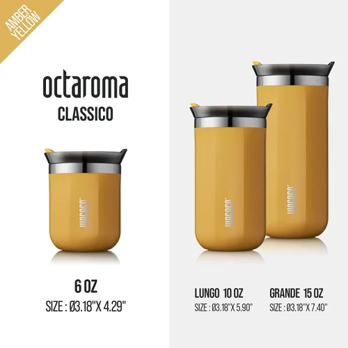Miniatura 7 de Taza de viaje Octaroma Classico de WACACO, vaso de viaje de acero inoxidable de doble pared con tapa para beber, 6 fl oz (180ml), ámbar amarillo