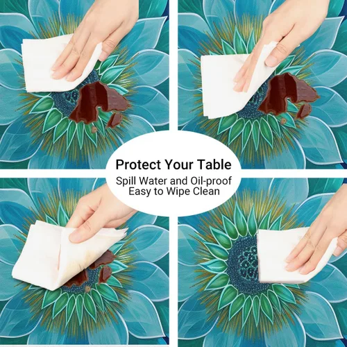 Miniatura 5 de Pardick Mantel redondo ajustable con diseño de flores color verde azulado, con diseño de mandala, con elástico, impermeable, lavable