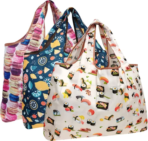 alldyrew - Bolsa plegable para compras, reutilizable de nailon grande, 3 unidades Deliciosos alimentos