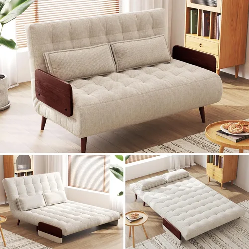 Miniatura 10 de JASIWAY Silla convertible para adultos, silla futón convertible 3 en 1 de lino con almohada, sofá cama individual plegable, cama de invitados