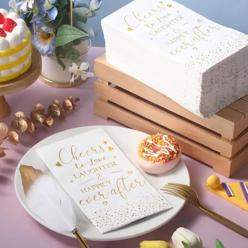 Miniatura 4 de Pasimy 100 servilletas de despedida de soltera, con texto en inglés "Cheers to Love Laughter and Happily Ever After", servilletas decorativas Dorado