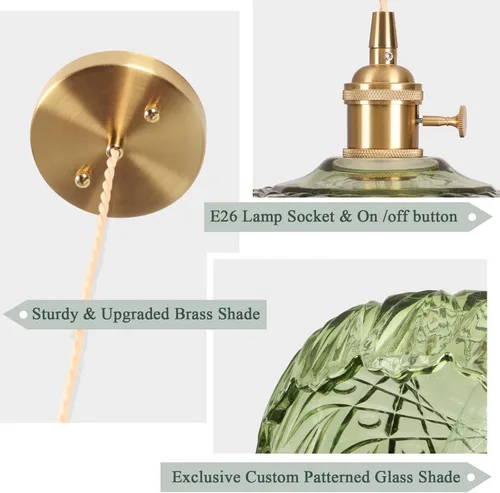 Miniatura 2 de Luces Colgantes para Isla de Cocina, Luz Colgante de Cristal Verde Accesorios de Iluminación Vintage, 9.4 pulgadas E26 Acabado Lámpara Colgante
