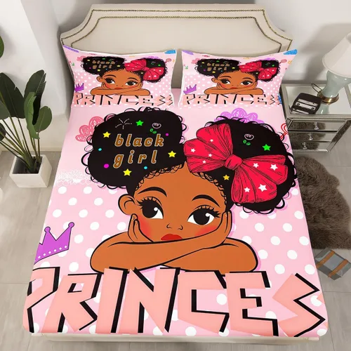 Miniatura 14 de Erosebridal Lindas sábanas negras para niñas, sábana bajera ajustable de niña africana americana, tamaño individual, sábanas psicodélicas moradas