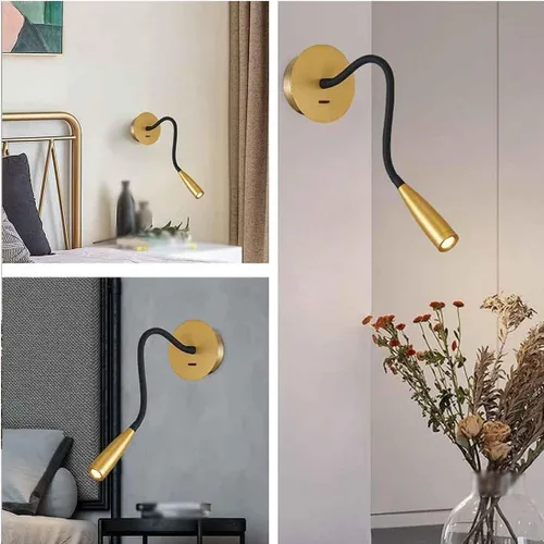 Miniatura 6 de Manguera de cuello de cisne flexible LED para pared, luz de lectura enfocada para dormitorio, lámpara de pared ajustable para cabecero de noche, Oro
