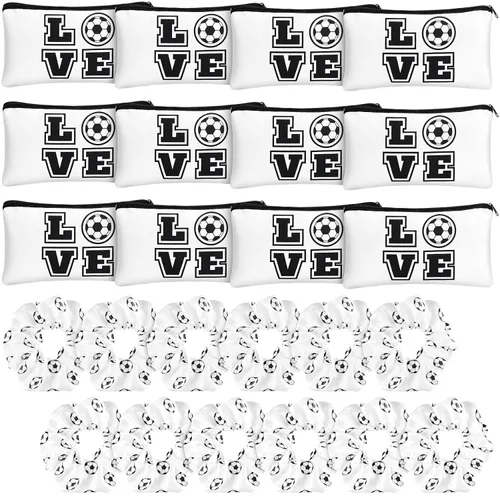 Miniatura 7 de Sweetude 24 piezas de regalos de fútbol, 12 bolsas de maquillaje, 12 coleteros de satén para niñas, bolsa de viaje portátil para cosméticos, lazos