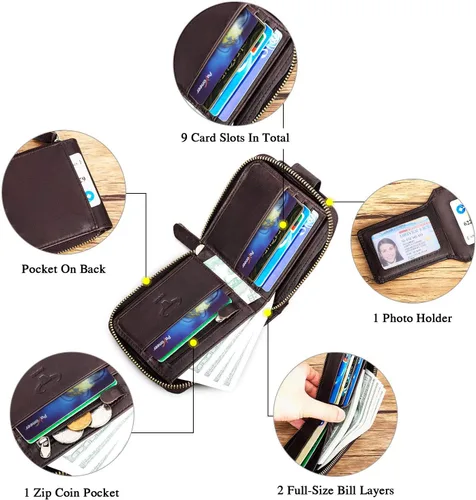 Miniatura 6 de BAIGIO Billetera de cuero genuino con cremallera alrededor de RFID bloqueo billetera plegable vintage multi tarjetero monedero, Café oscuro, Cartera