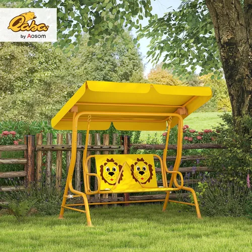 Miniatura 2 de Qaba Columpio de patio para niños, 2 plazas para porche al aire libre con toldo ajustable, cinturón de seguridad, banco colgante con patrón de león