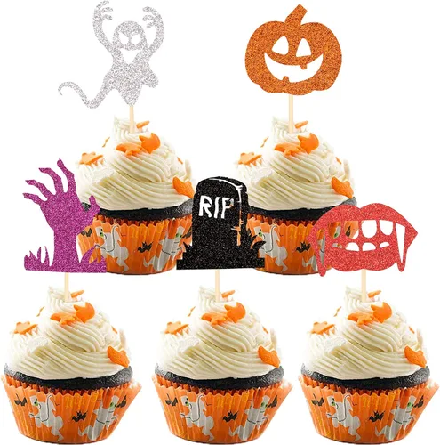 Miniatura 26 de Paquete de 24 adornos para cupcakes de Halloween con purpurina rosa, fantasma, pequeño abucheo, murciélago, bruja, gato, calabaza, magdalena