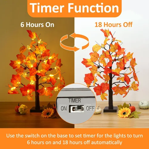 Miniatura 4 de Joyhalo Paquete de 2 Árboles de Otoño de 23.5 Pulgadas con Luces, Temporizador a Pilas, Árbol Iluminado de Otoño para Acción de Gracias