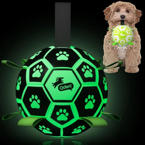 QDAN Juguetes prémium para perros que brillan en la oscuridad, pelota de perro con correas, pelota de fútbol para perros, juguetes para perros al