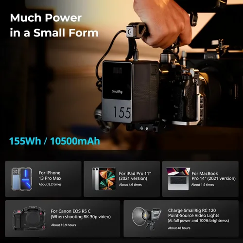 Miniatura 7 de SMALLRIG Batería de montaje en V VB155, batería de montaje en V de 155 Wh/10500 mAh con salida de 100 W, carga completa 3H, con USB-C, D-TAP, USB-A