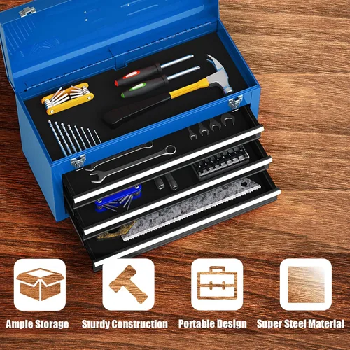 Miniatura 4 de Goplus - Caja de herramientas con 3 cajones, organizador de 4 niveles de 52 cm, caja de herramientas portátil con bandeja superior, cerradura Azul