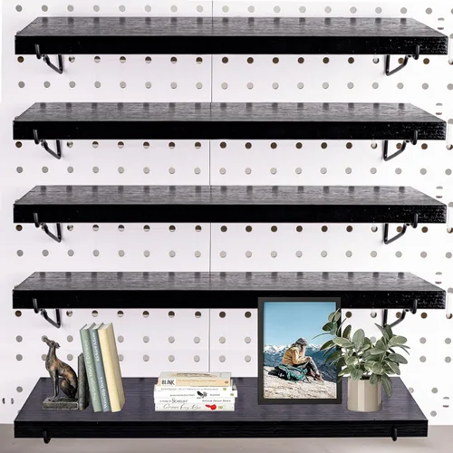 Estante de tablero perforado negro, paquete de 4 estantes de madera con soportes de metal, estantes organizadores de tablero de clavijas