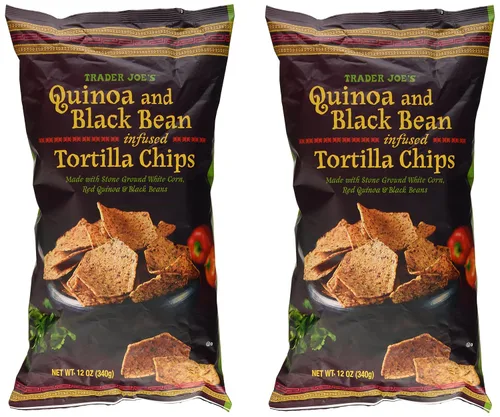 Trader Joe's Chips de tortilla con infusión de quinua y frijoles negros hechos con maíz blanco molido a piedra, quinua roja y frijoles negros, 12