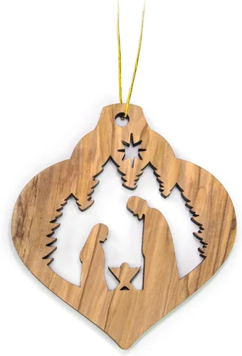 Miniatura 10 de Adornos de madera de olivo de Tierra Santa, adorno de pesebre de madera con bombilla 2D, pastores y ángeles, adornos de Navidad cristianos de 2 x 4