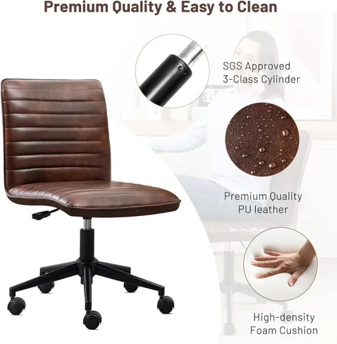 Miniatura 6 de Furniliving Silla de cuero para oficina en casa, silla de trabajo de escritorio sin brazos con ruedas, silla giratoria de 360° para computadora