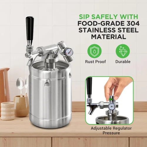 Miniatura 4 de NutriChef Sistema de Grifo para Barril Presurizado, Dispensador de Mini Barril de Acero Inoxidable Portátil de 64oz, Kit de Kegerator con Regulador