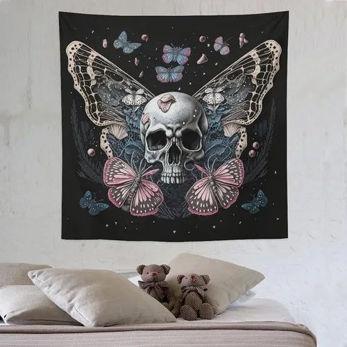 Miniatura 9 de Naykow Tapiz de calavera y mariposa, tapiz rosa trippy negro, tapiz de bruja gótica para dormitorio, decoración de habitación hippie de mariposa