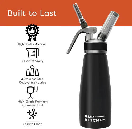 Miniatura 5 de EurKitchen Dispensador profesional de crema batida de acero inoxidable, recipiente para cremas batidas sin fugas, 3 boquillas decorativas y cepillo