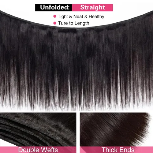 Miniatura 5 de Extensiones de cabello humano lacio 10A 100% sin procesar, cabello virgen brasileño, lacio, 3 paquetes de 16, 18, 20 pulgadas, extensiones