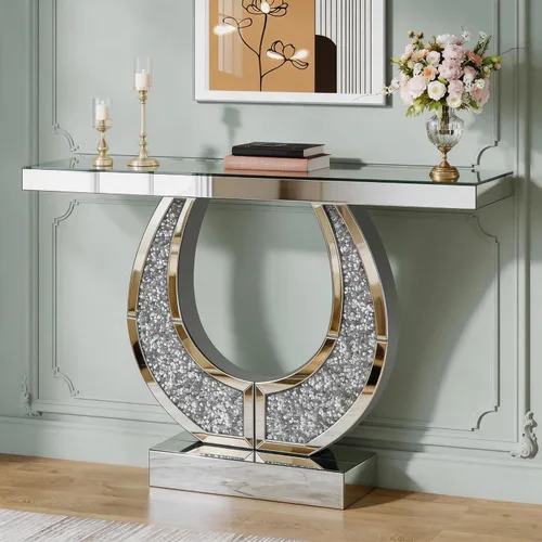 Silver Mirrored Console Table with Crushed Diamond lnlay, 45.27" Modern Rectangular Accent Sofa Foyer Table with O Shaped Base, Luxury Shiny Narrow
