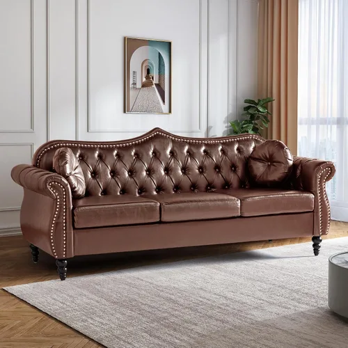 Miniatura 3 de AVZEAR Sofá de tres plazas de 82 pulgadas, sofá Chesterfield, moderno sofá tapizado de poliuretano de mediados de siglo, sofá de sala de estar