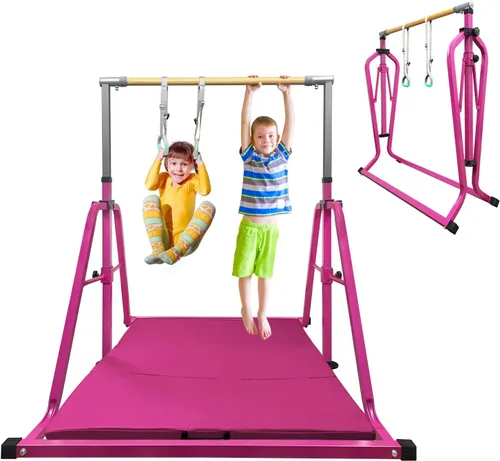 Miniatura 10 de GLANT Barra de gimnasia para niños con juego de anillos, 7 alturas ajustables, fácil de plegar, barra de entrenamiento de gimnasia para niños