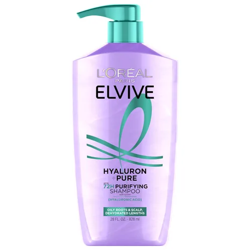 L'Oreal Paris Elvive Hyaluron + Pure 72H Champú purificador para cabello graso, champú clarificador con ácido salicílico y ácido hialurónico, 28