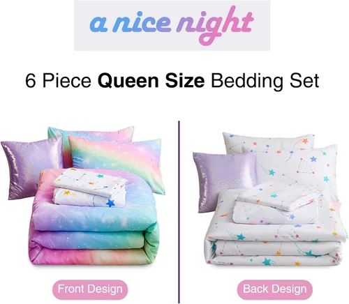 Miniatura 6 de A Nice Night Juego de ropa de cama de 6 piezas con purpurina degradada para niñas, juego de edredón colorido de galaxia arco iris, juegos de ropa