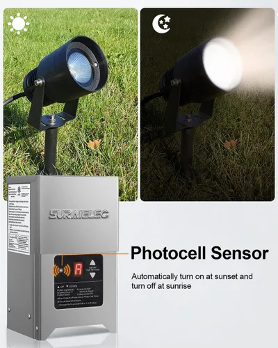 Miniatura 3 de SURAIELEC Transformador de paisaje de bajo voltaje, transformador de luz al aire libre de 300 W con temporizador y sensor de fotocélula, 120 V a 12